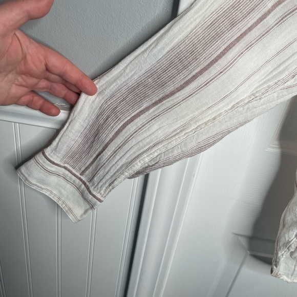 Rails Charli Reims Stripe Linen Blend Button Up Top Coastal in Brown/Cream XL - Picture 8 of 16